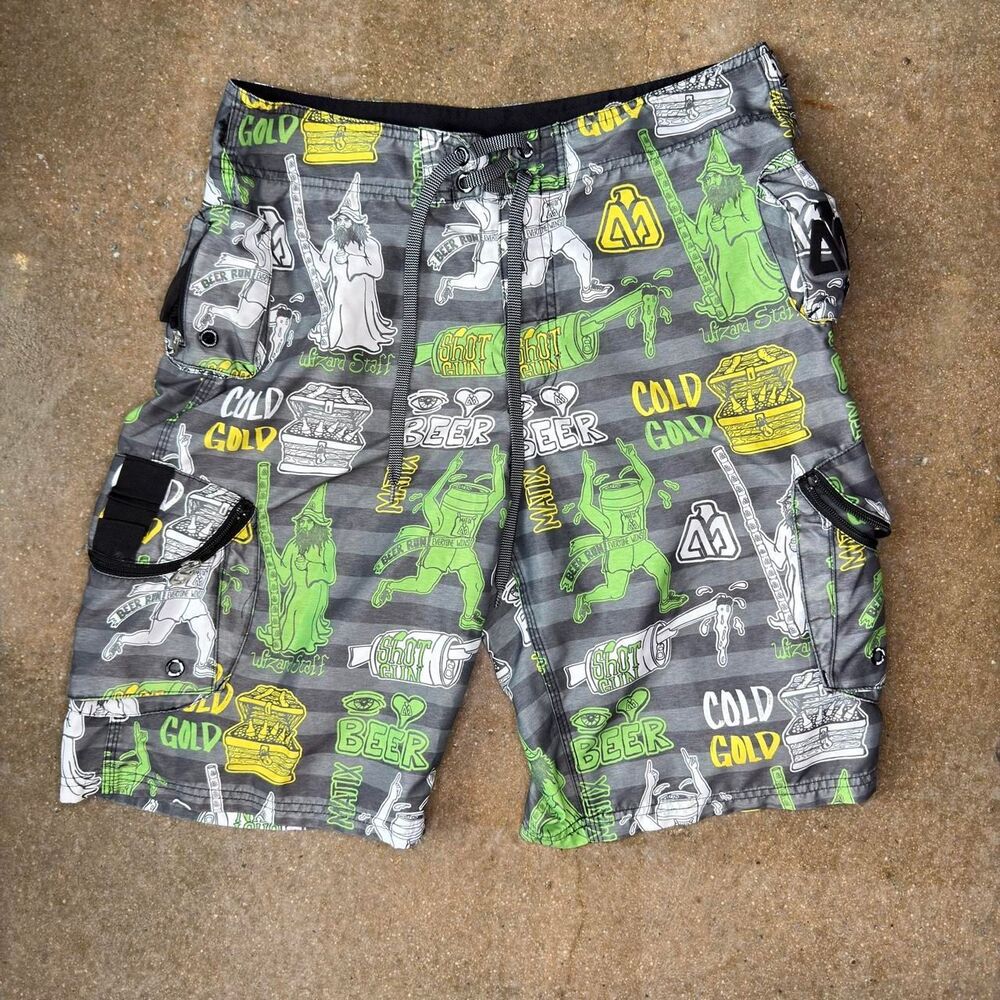 Matix Gringo Board Shorts Size 33 Wizard Staff Beer Graphic Skate Surf